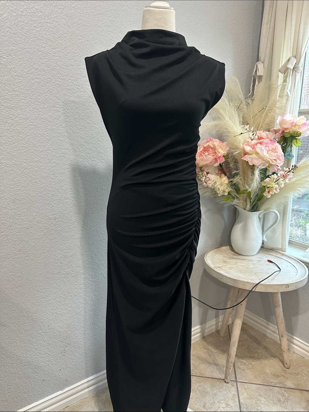 Anthropologie Black Sleeveless Ruched Maxi Dress